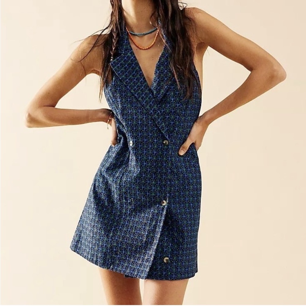 Free People Louie Blazer Mini Dress Blue Lagoon Combo